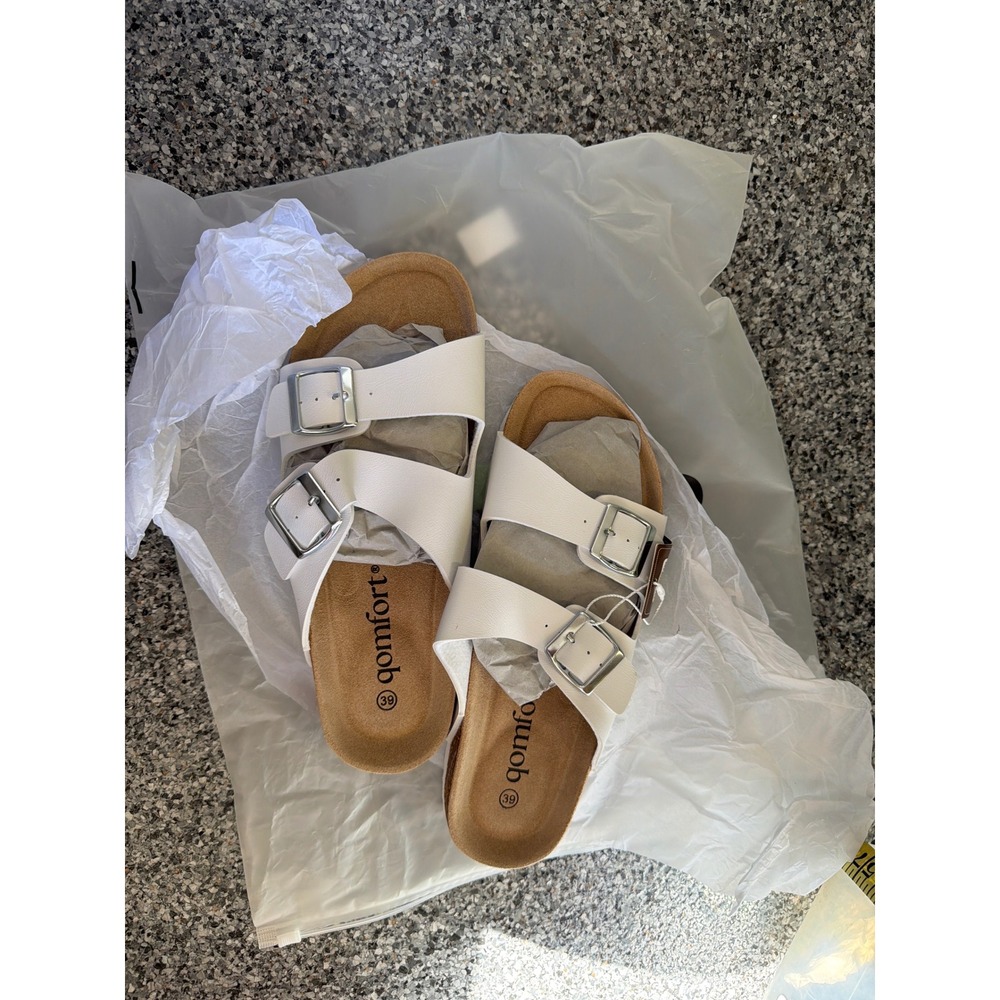 Qomfort White Double Strap Buckle Slide Sandals Cork Footbed Size 39 NEW